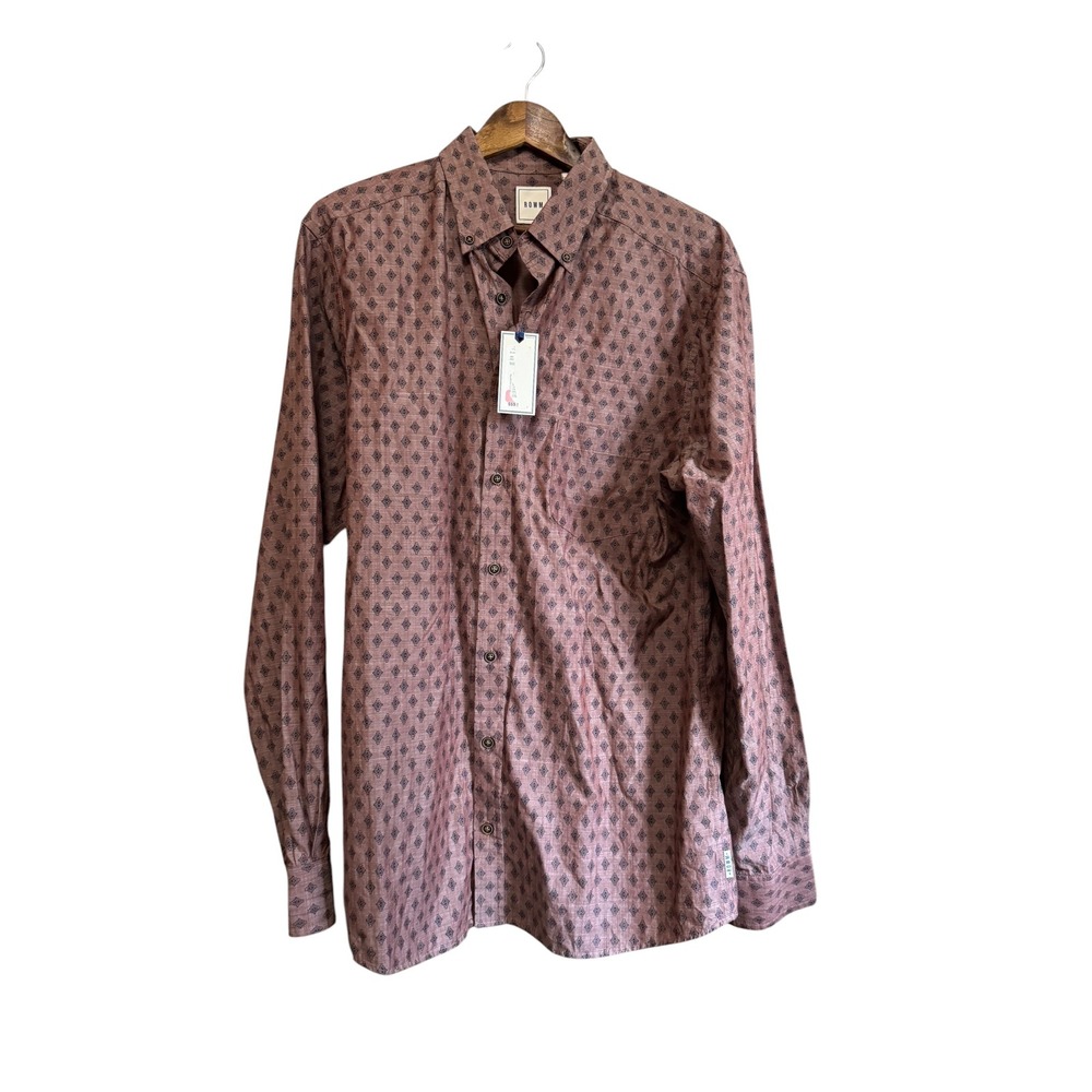 ROWM Button Down Shirt Mens LT‎ Rust New Geometric Diamond Print Long Sleeve